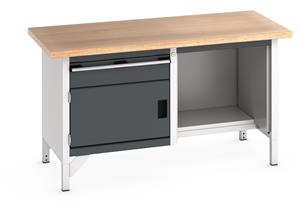 Bott Cubio Storage Workbench 1500mm wide x 750mm Deep x 840mm high supplied with a Multiplex (layered beech ply) worktop, 1 x integral storage cupboard (650mm wide x 650mm deep x 350mm high), 1 x 150mm high drawer  and 1 x open section with 1/2... 1500mm Wide Engineers Storage Benches with Cupboards & Drawers